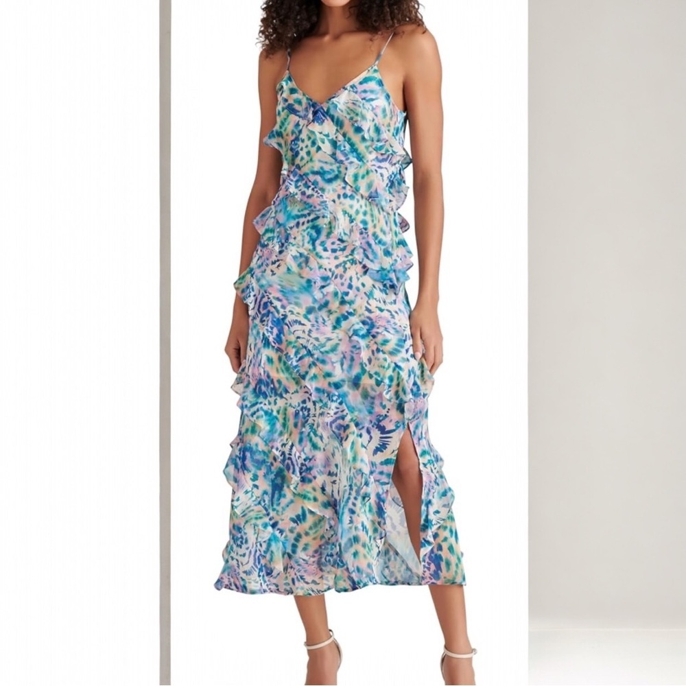 Steve Madden Blue Coral Tiered Ruffle Brunch Wedding Party Slip Dress 12 NWT